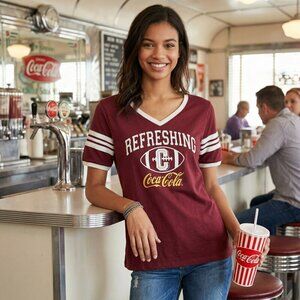 Freeze 24-7 Juniorsft Coca-Cola-Graphic Varsity T-Shirt (Burgundy, Size Medium)